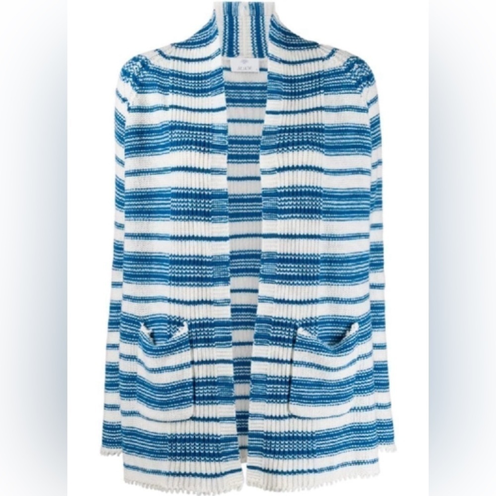 Allude 100% Cashmere Cardigan Blue and White Striped Long Line Open Size Large